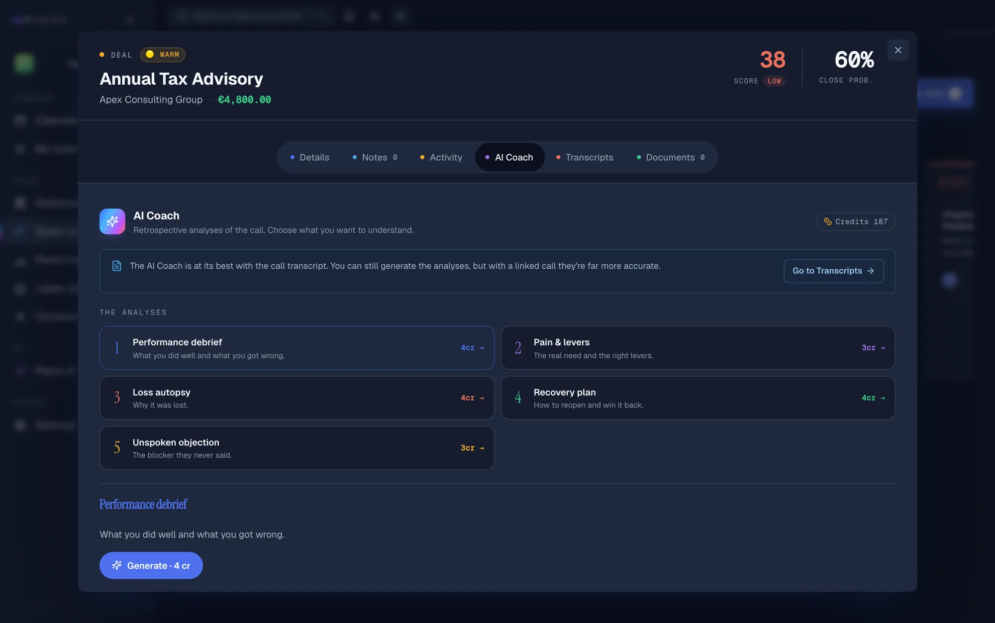 A deal in Pacta with the AI Coach open: five retrospective call analyses, from performance debrief to unspoken objection, next to deal score and close probability